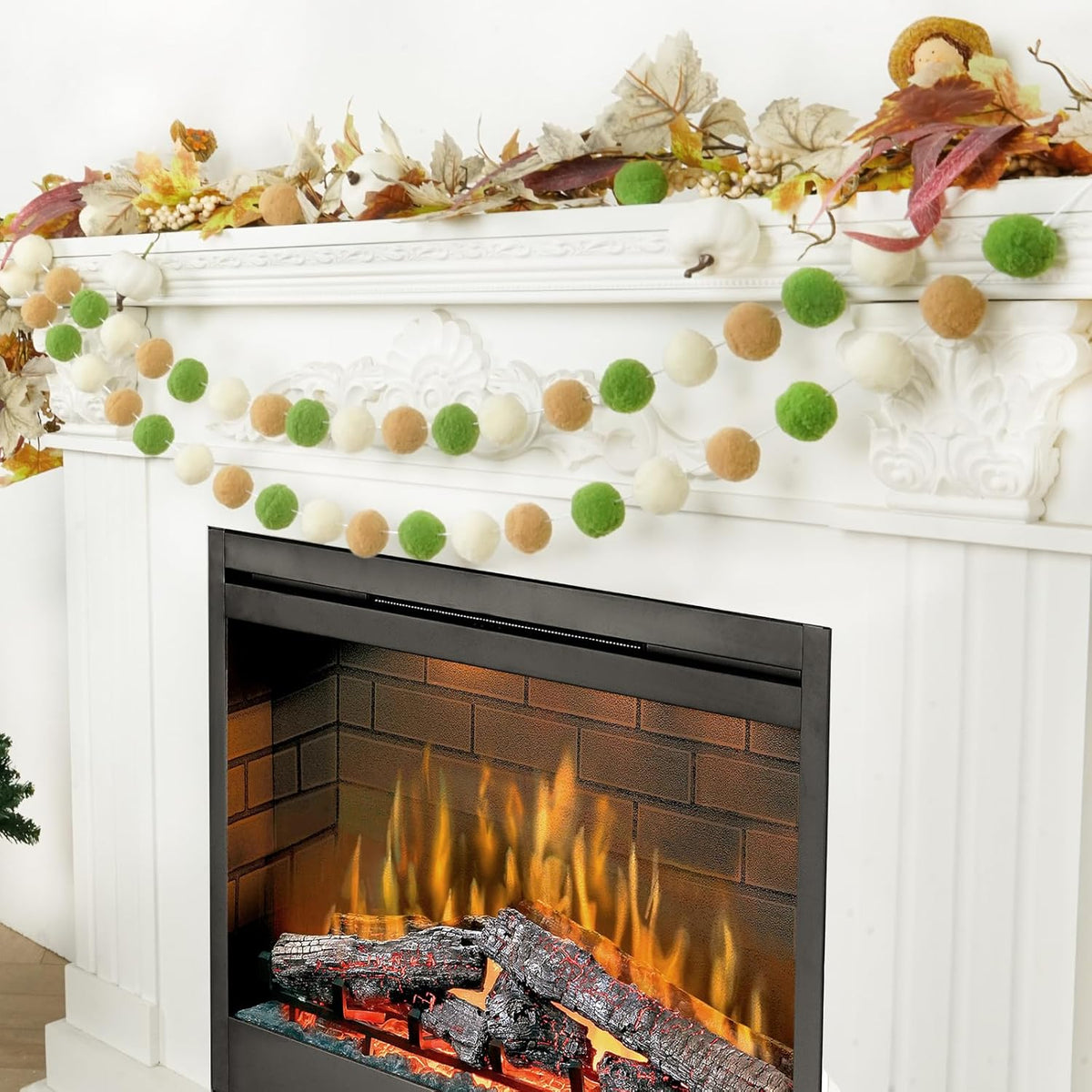 TBD Decor 2pk Pom Pom Garland 13FT Colorful Large Felt Ball Garland Fall Decoration for Mantle,Indoor Holiday Wedding Birthday Party Supplies(Green Brown)
