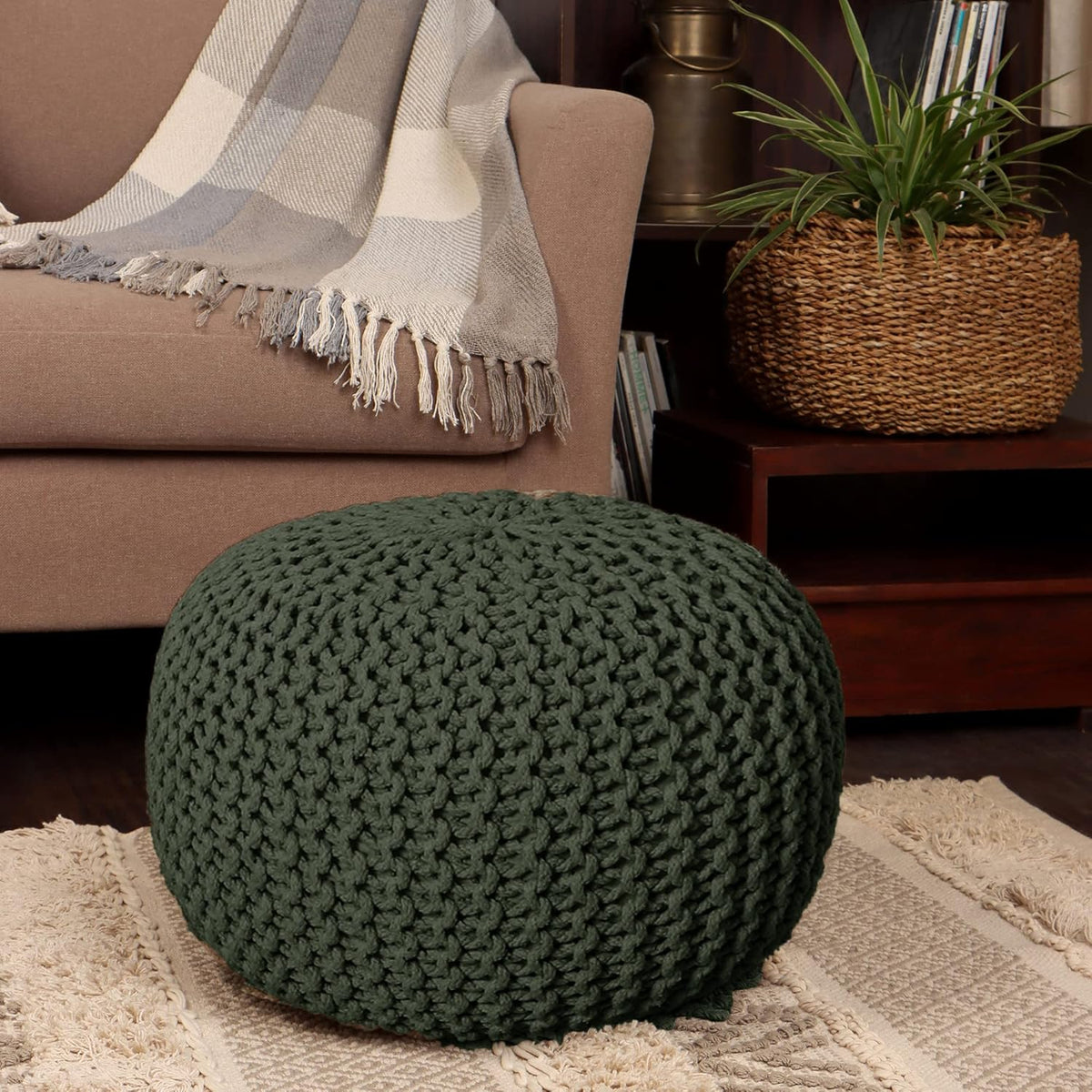 REDEARTH Round Hand Knitted Pouf - Foot Stool Bean Bag Ottoman - Cord Boho Pouffe - Poof Accent Beanbag Footrest for Living Room - Bedroom - Patio - Lounge (19.5"x19.5"x14") - Olive