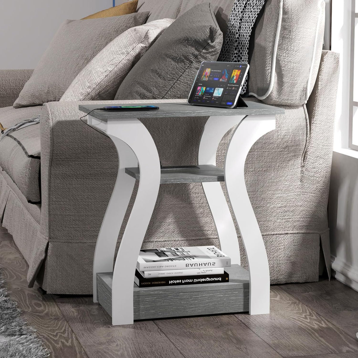 End Tables Living Room Set of 2,Grey End Table with Charging Station,Grey Side Table, Nightstand for Bedroom, 3 Tier End Table with Storage Shelf for Living Room