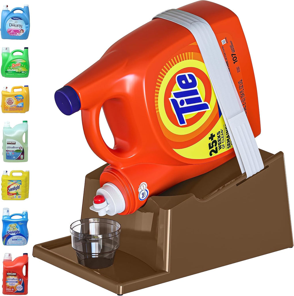 TidyFriend Laundry Detergent Holder Stand with Drip Tray, Laundry Soap Holder with Non-Slip Rubber Feet for Washing Space Organization, Angled Downward Slope for Easy Pouring (Brown)