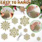 Christmas Tree Decorations Snowflake Ornaments, 36Pcs Glitter Gold Plastic Hanging Snowflakes from Ceiling Snow Flakes Decorating Hanging for Winter Wonderland Decorations Indoor Outdoor Decor
