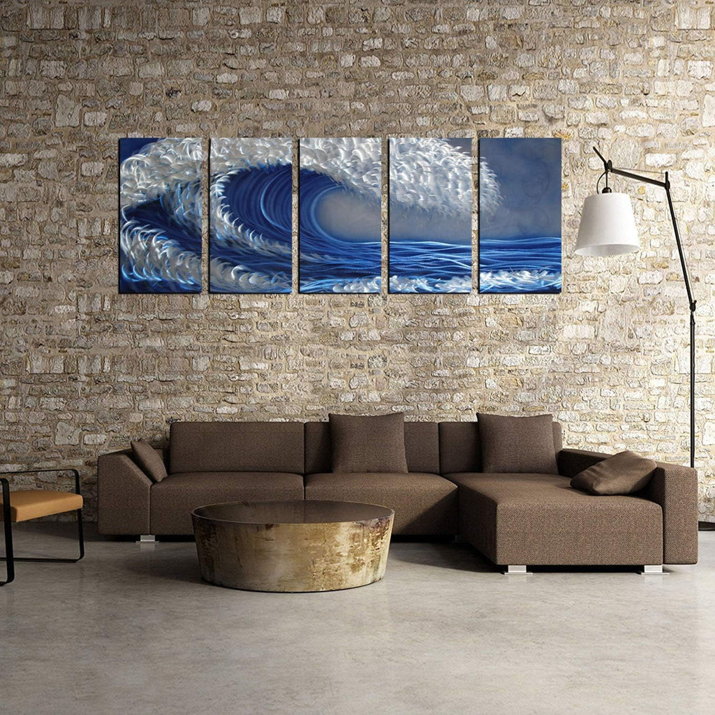 Ocean Metal Wall Art, Handcrafted Abstract Metal Artwork, Large Scale Blue and Silver Wall Art, Unique 3D Aluminum Painting, Great for Indoor and Outdoor, 5-Panels Measures 64" x 24"