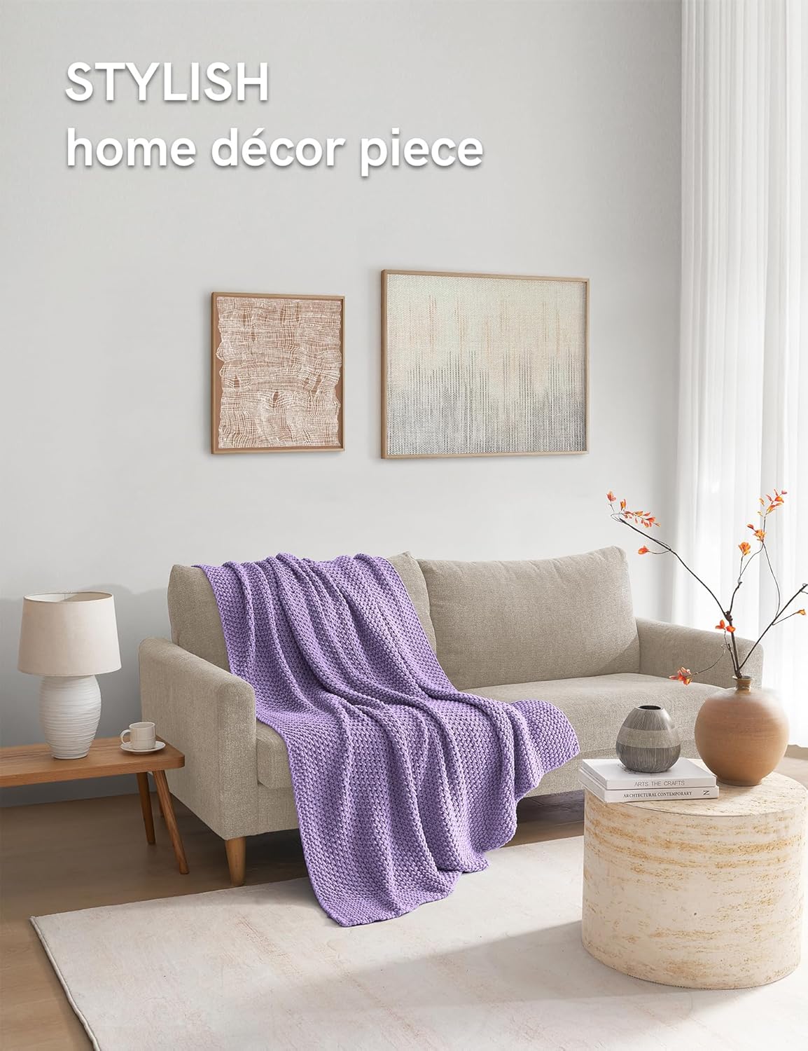 YnM Chunky Cotton Knit Throw Blanket, Cable Knit Throws for Bed Couch Sofa, Comfy & Relaxing, Decorative Piece for Farmhouse Modern Boho Rustic Scandinavian Chic Vibe, Lilac Purple 50x60 Inches
