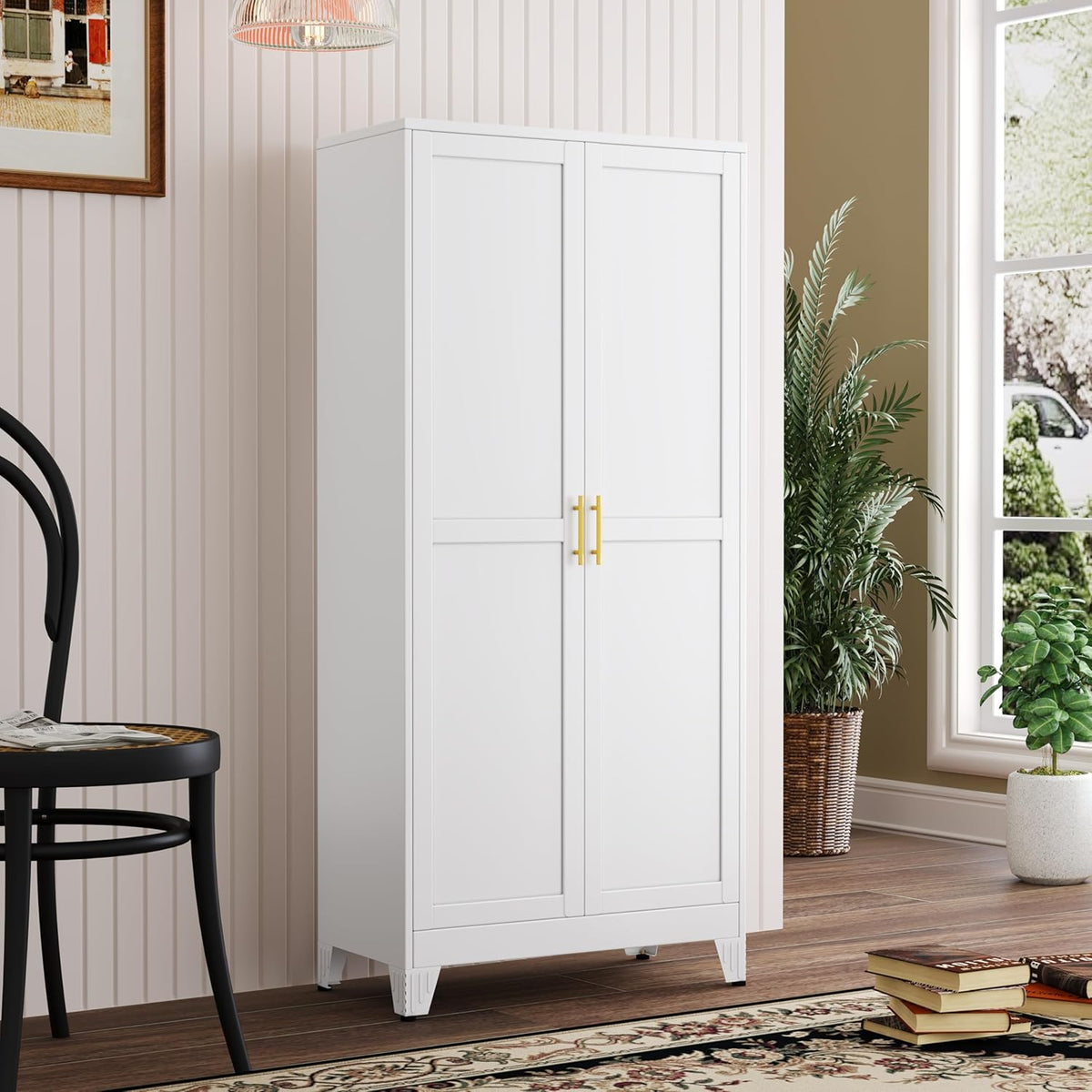 Metal Kitchen Pantry Storage Cabinet with 2 Doors and 3 Adjustable Shelves,Pantry Cabinet with Adjustable Leveling Foot for Kitchen, Living Room, Dining Room（White）