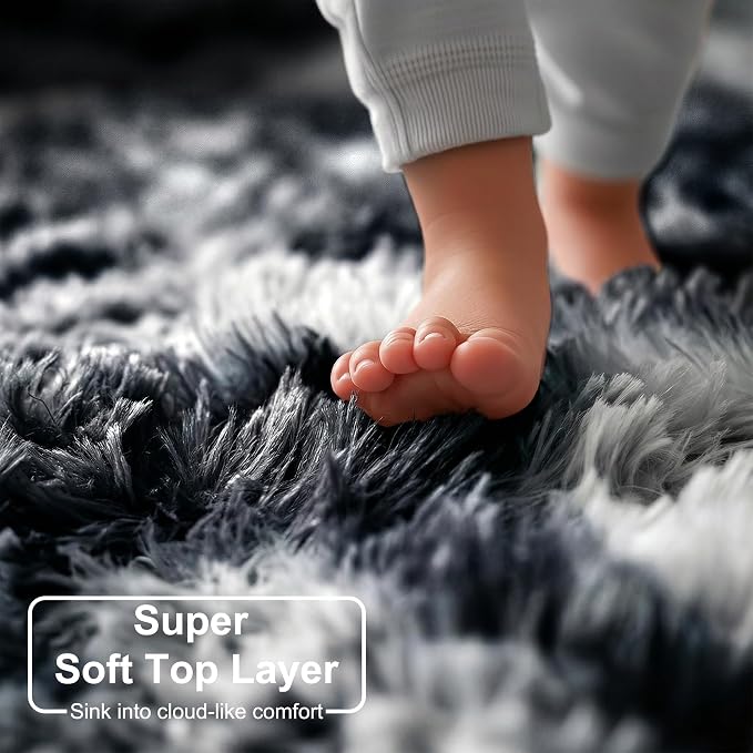 Amdrebio Black White Grey Fluffy Area Rug 5x8 - Image 2