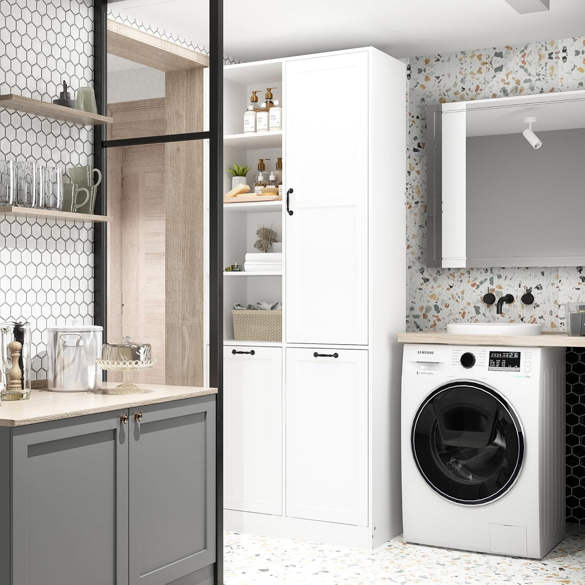 ECACAD Tall Bathroom Storage Cabinet with Shelves and Tilt-Out Laundry Hampers, Freestanding Floor Cabinet for Living Room, Bedroom & Kitchen, White (31.5”W x 13.8”D x 78.7”H)