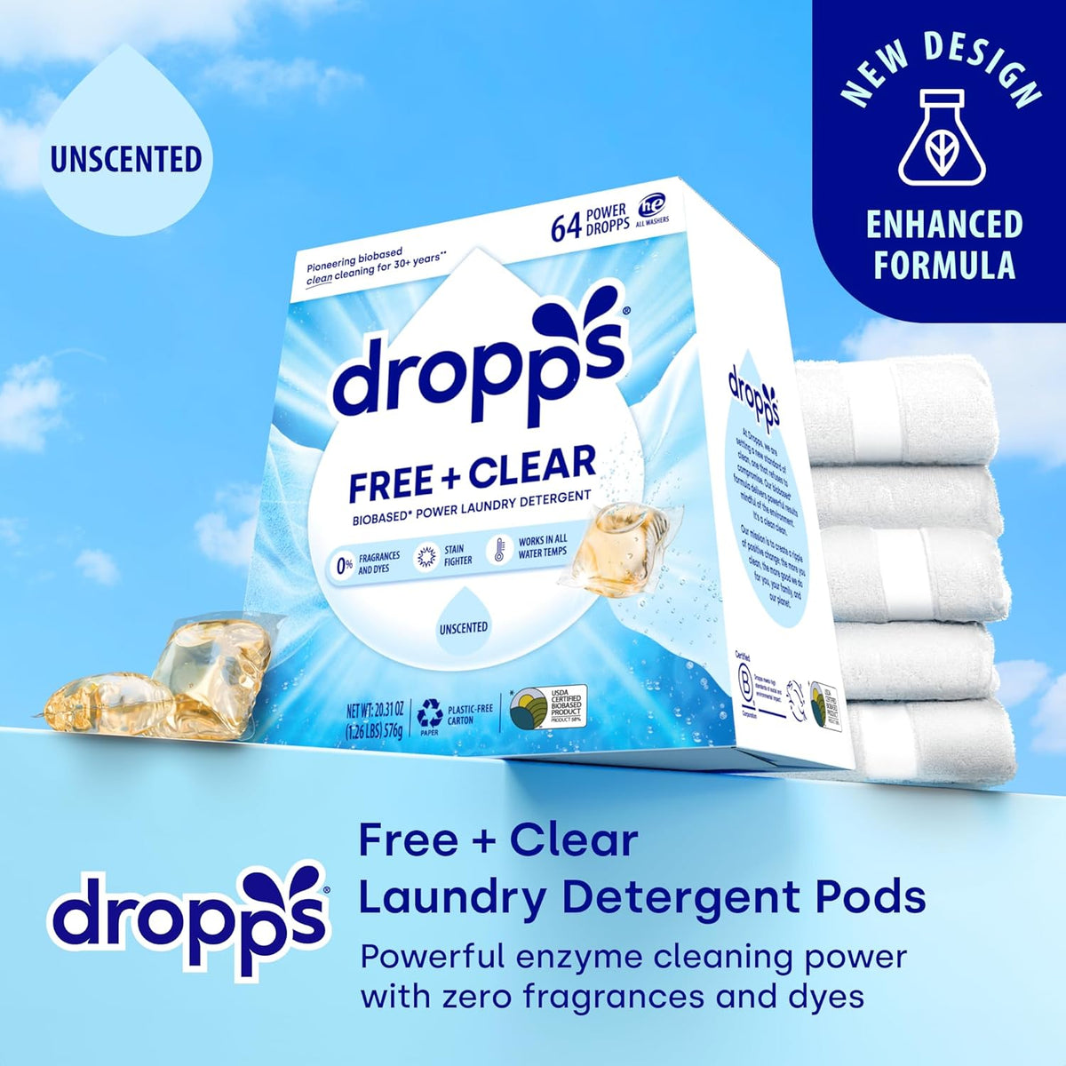 Dropps Free + Clear Biobased Power Laundry Detergent Pods, Unscented (64 Count) - HE Compatible Laundry Pods for Fresh Clothes - Laundry Soap Supplies & Recyclable Paperboard Packaging