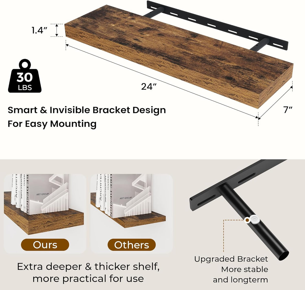 24 inch Floating Shelves Long Floating Shelves for Wall Large Wall Mounted Shelves with Invisible Brackets, Brown Shelves for Bathroom, Living Room, Kitchen, Office, 24x6.7 inch deep Set of 2