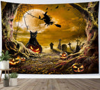 LB Halloween Wall Art: Horror Witch Cat & Dead Tree Pumpkin Lights - Spooky Graveyard & Misty Forest Wall Tapestry for Bedroom & Living Room - 59x51 Inches