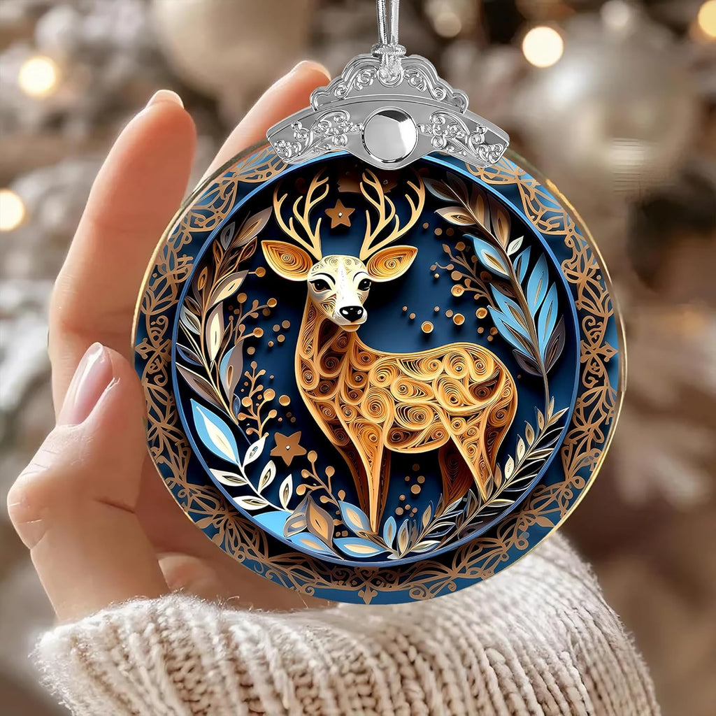2025 Christmas Ornament, Stained Glass Effections, Christmas Tree 4 Inch Acrylic Ornament Art, White Elephant Gifts Car Interiors Decors, Christmas Decor (Quilling Deer)
