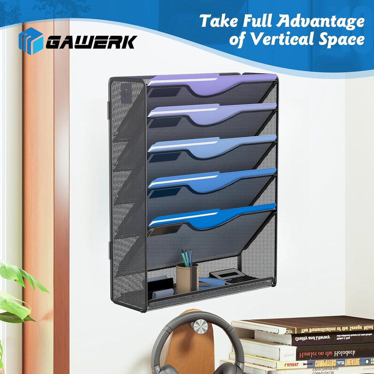 6 Tier Hanging File Organizer, Mesh Wall File Holder Paper Folder Rack with Bottom Flat Tray for Office Home, Black