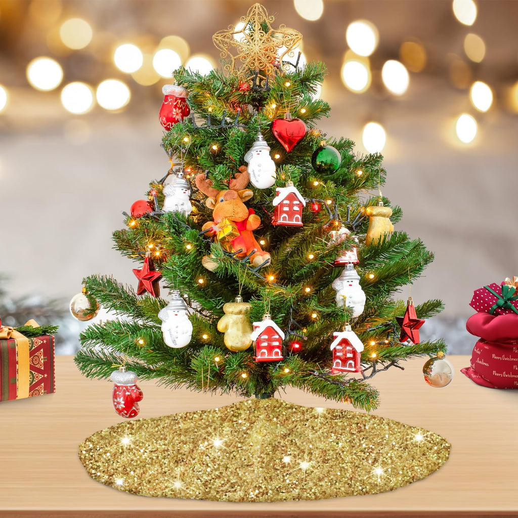 Gold Christmas Tree Skirts 21 Inches Metallic Tree Cover Skirt Personalized Christmas Tree Mat Ornament Rustic Round Small Xmas Tree Skirts for Holiday Festival Home Christmas Indoor Decoration
