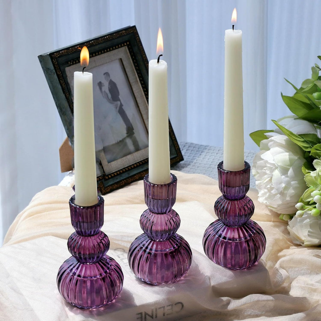 Woho Purple Candlestick Holders Set of 3 for Halloween Decorations, 4.3" H Ribbed Glass Taper Candle Holders Bulk for Wedding Table, Vintage Candle Sticks Holder Decor for Birthday Party/Home Decor