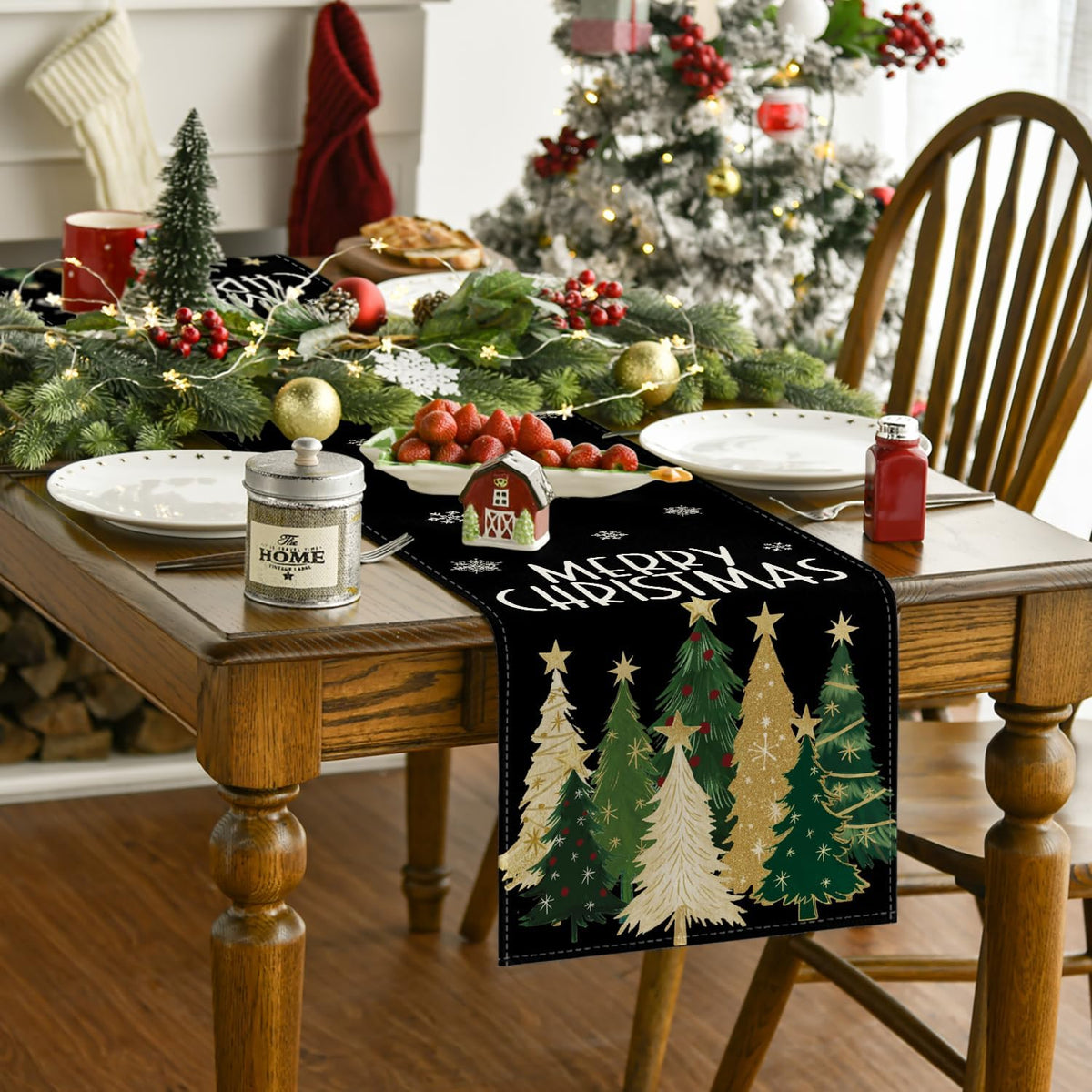 Artoid Mode Xmas Trees Snowflakes Black Merry Christmas Table Runner, Winter Seasonal Kitchen Dining Table Decoration for Home Party Decor 13x36 Inch