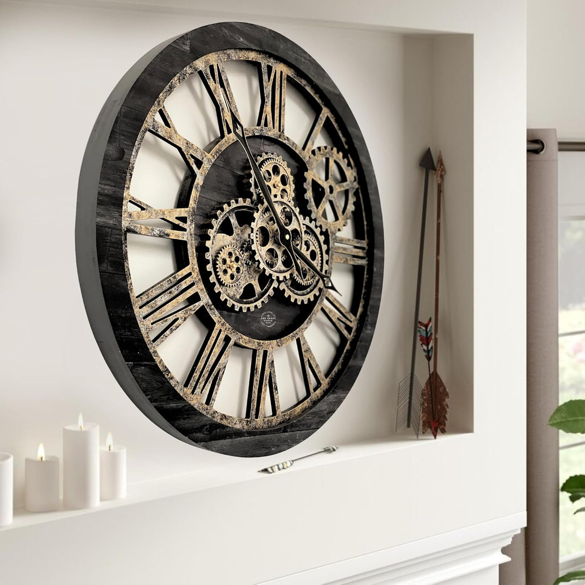 The Gears Clock The Original Real Moving Gear Wall Clock Vintage Industrial Oversized Rustic Farmhouse (24 inch (60cm), Vintage Black Wood and Bronze)