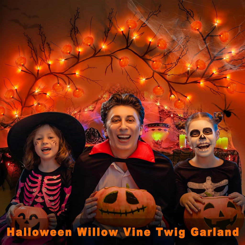 [ 8 Modes & Timer ] Halloween Willow Vine Twig Decor Garland with Pumpkins, 6 FT 54 LED Battery Operated for Indoor Halloween Decorations Home Mantle Fireplace