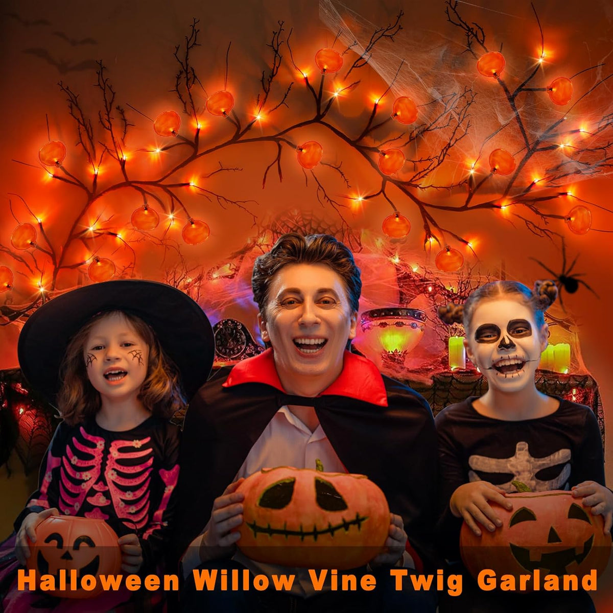 [ 8 Modes & Timer ] Halloween Willow Vine Twig Decor Garland with Pumpkins, 6 FT 54 LED Battery Operated for Indoor Halloween Decorations Home Mantle Fireplace