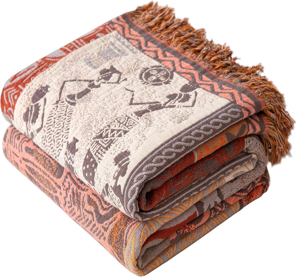 Boho Throw Blanket Full Size, Extra Large Soft Cozy Cotton Muslin Quilt Blanket for Bed Decor, Patchwork Block Couch Sofa Chair Cover, Vintage Farmhouse Cottage Woven Blanket, Red&Orange