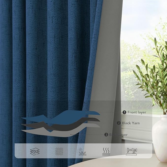 Navy Blue Linen Textured Blackout Curtains 72 Inches Long - Image 5