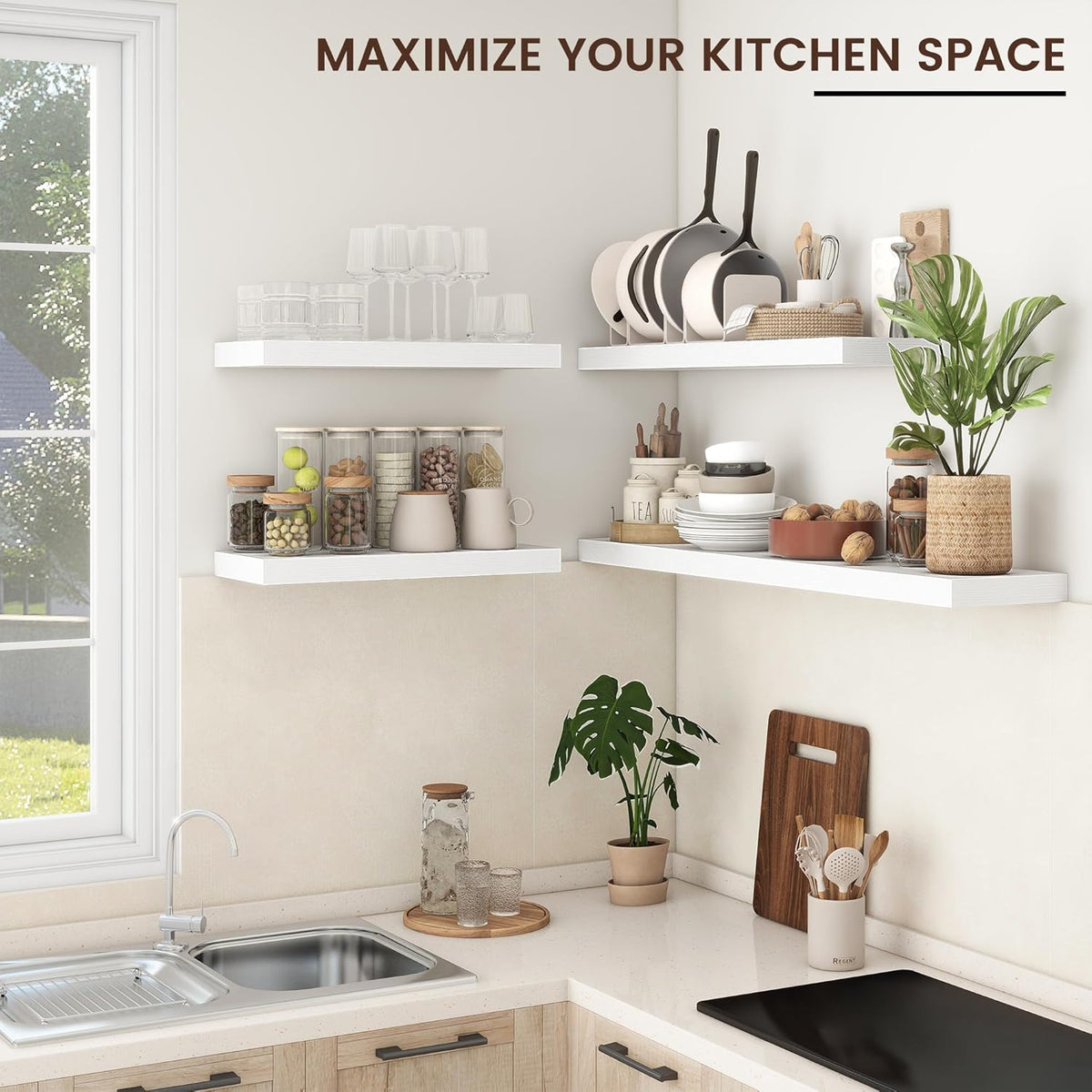 Floating Shelves for Wall, 2 Large Wall Mounted Shelves with Invisible Brackets, Long Wood Floating Wall Shelf Shelves for Living Room, Bedroom, Kitchen, (White, 48" W x 9" D x 1.5" H)