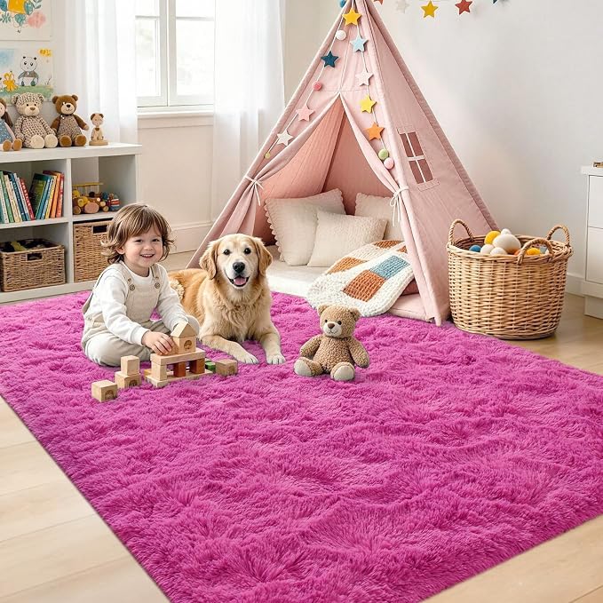 4'x5'3'' Hot Pink Fluffy Soft Area Rug Non-Slip - Image 4