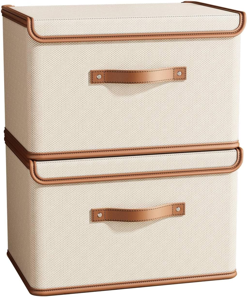Tuza 2 Pack Storage Bins with Lids, Collapsible Closet Organizer Container, Fabric Organizer Box with Handles, Decorative Storage Boxes with Lids for Organizing Clothes, Books, File, White, Large