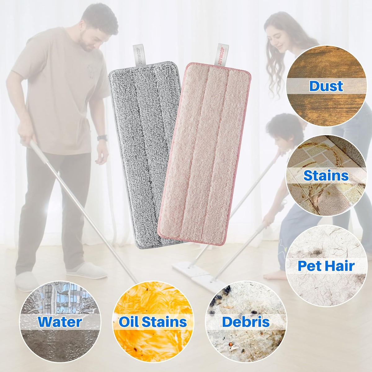 JOYMOOP Mop Replacement Pads, Reusable Microfiber Mop Pads for 13-inch Flat Mop and Mop Bucket Set, Pack of 4 Refills - Grey and Pink