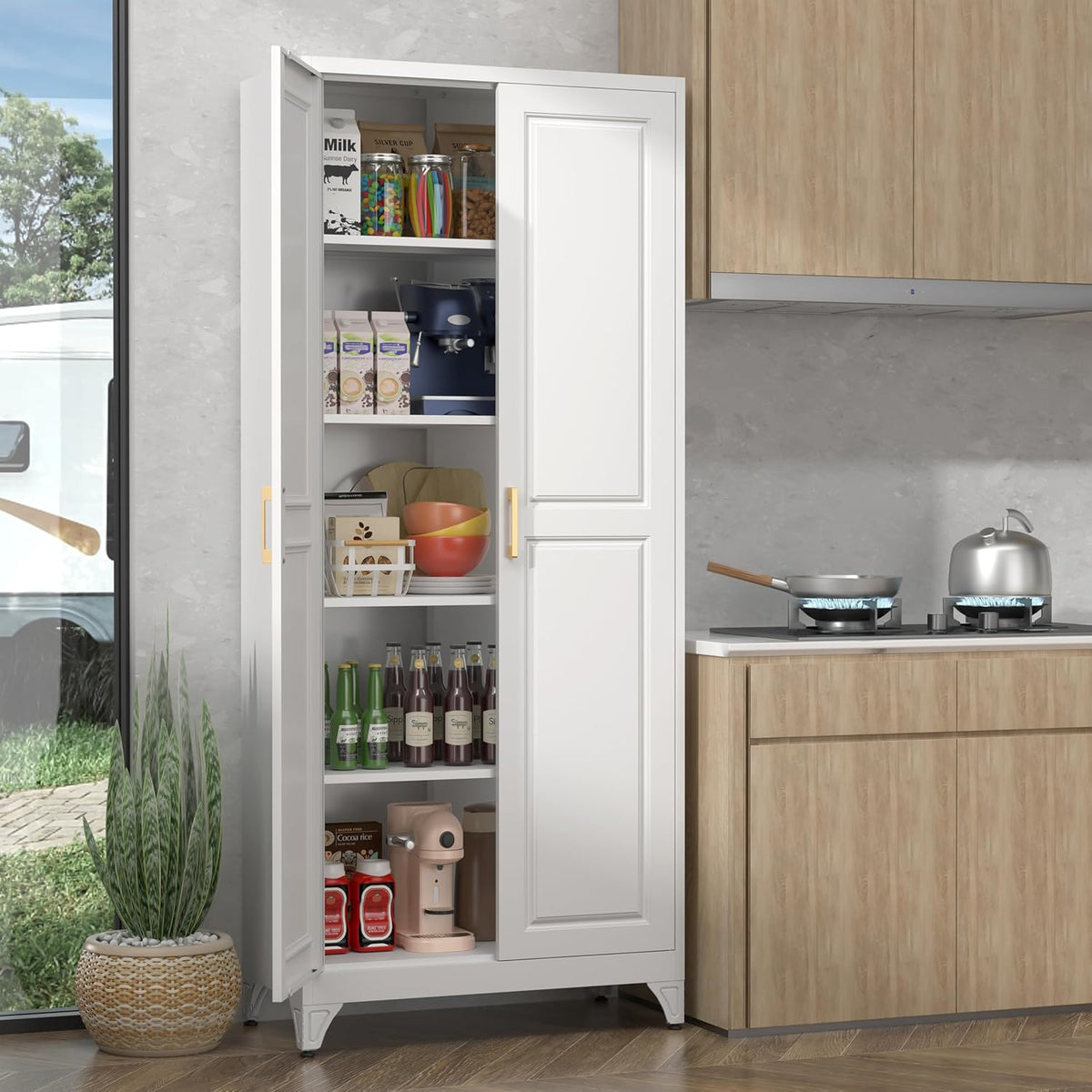 75" Storage Cabinet, Metal Pantry Cabinet, Kitchen Pantry Storage Cabinets with Doors and 4 Shelves, Cabinets for Laundry Room, Living Room, Dinning Room, Assembly Required, White