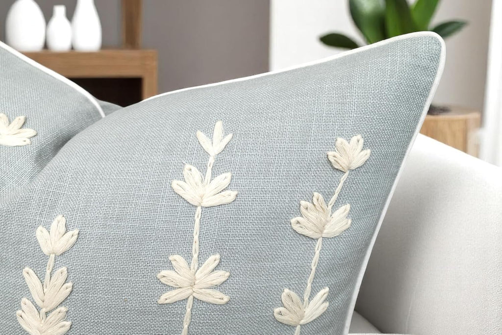 VAGMINE Hand Embroidered Daisy Accent Throw Pillow Cover - 20x20 Inches Square - 100% Cotton Robins Egg Decorative Cushion Cover for Couch, Sofa, Chair - Textured Embroidery - Boho Floral Home Décor
