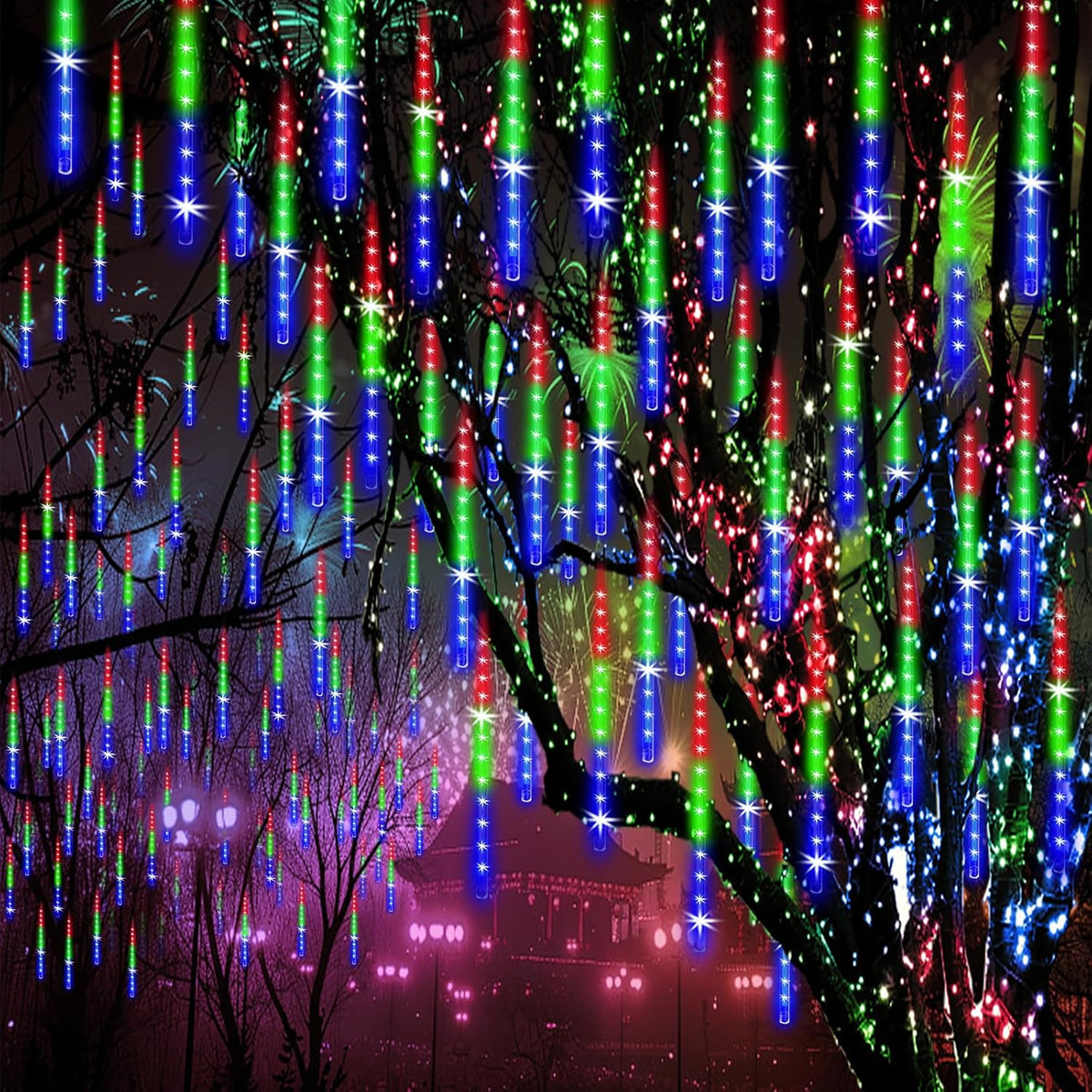 Meteor Shower Lights Outdoor Christmas Lights 24-Tube 576LEDs Snow Falling Rain Cascading Icicle Light for Christmas Tree Decorations Wedding Party Holiday Garden Decor, UL Plug Multi Color