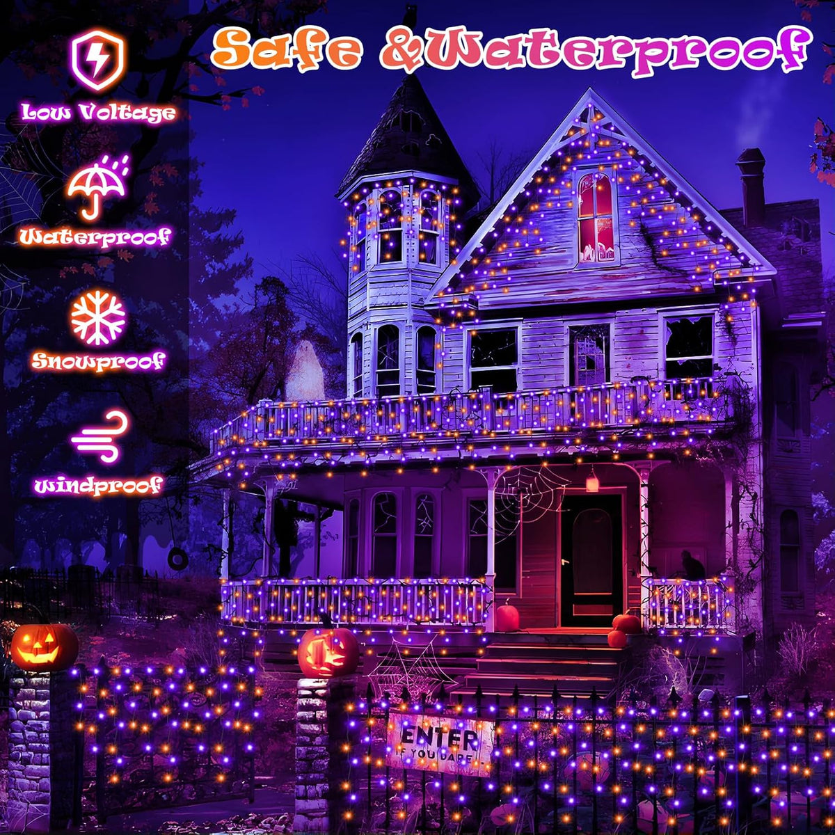 Heceltt Halloween Lights Outdoor, Orange and Purple 39FT 480LED Halloween String Lights with 90 Drops, 8 Modes Timer Memory Function, Night Light for House Roof Party Decor