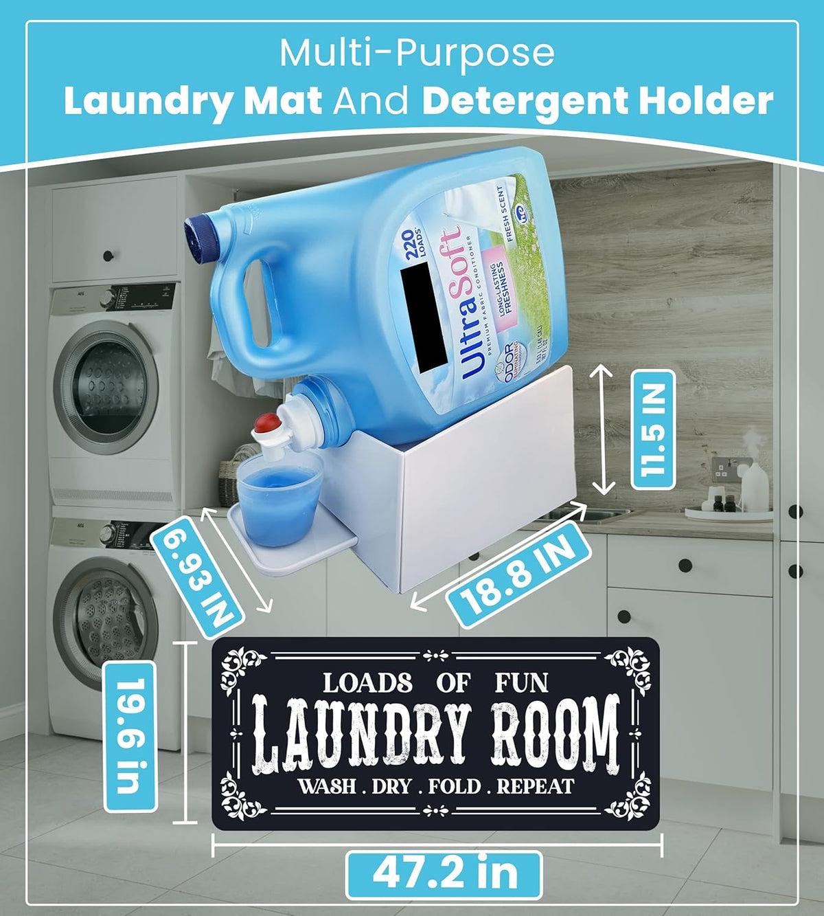 TidyFriend Laundry Detergent Holder with Laundry Room Rug Runner, Detergent Stand for Spill Protection, Non-Slip Runner Mat, and Stylish Room Organizer for Home & Laundry Spaces