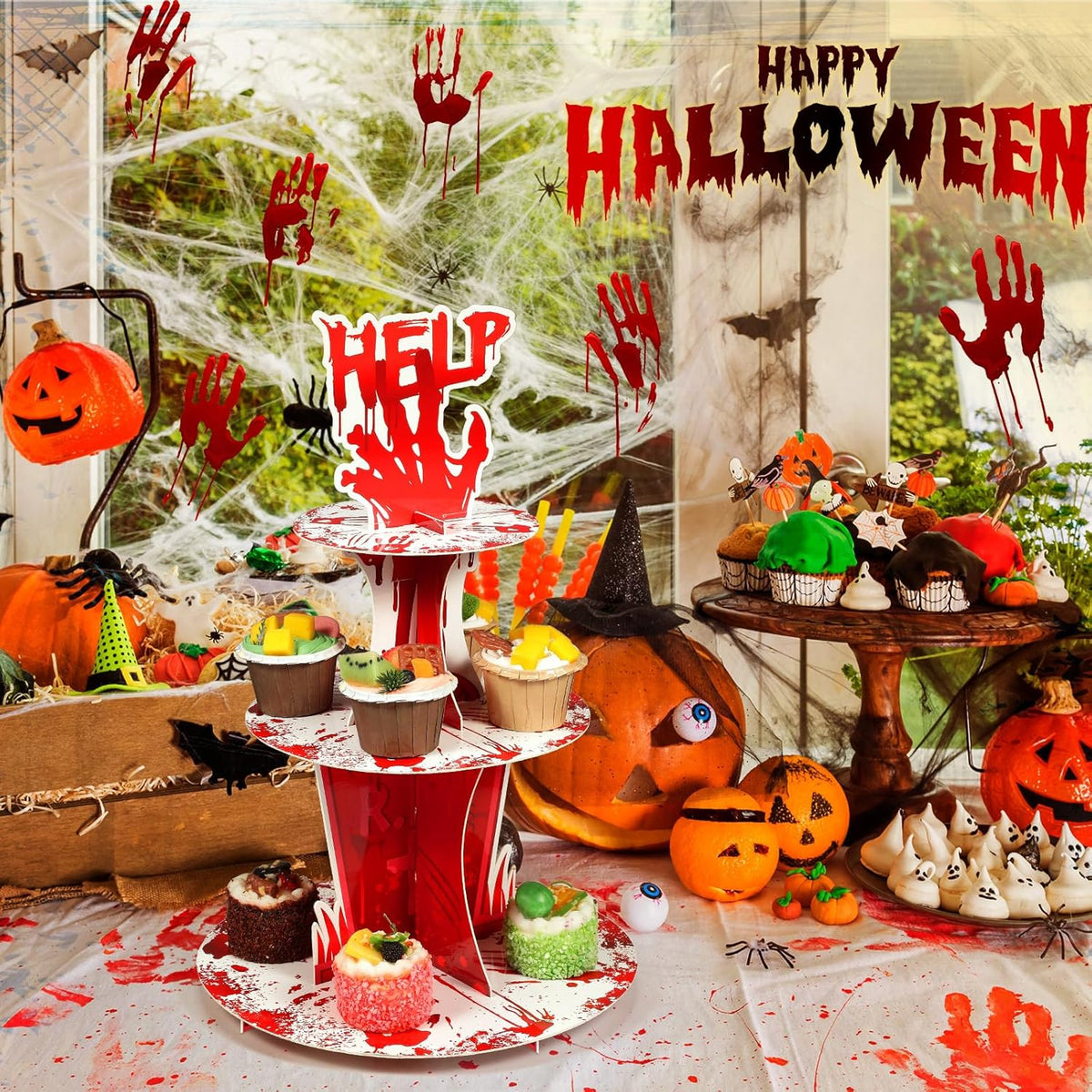 Sliner 3 Tier Halloween Bloody Cupcake Stand Party Decorations Bloodys Handprint Cupcake Holder Halloweens Bloodys Help Cake Holder Bloody Theme Dessert Stand for Horror Scary Party Supplies