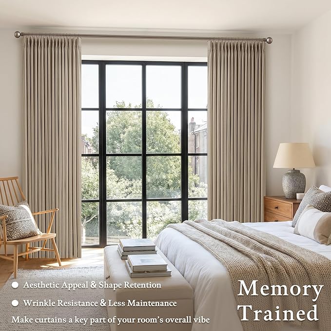 Linen Grey Beige Camel Pleated Light Filtering Curtains 120 Inch Long 50W | - Image 4