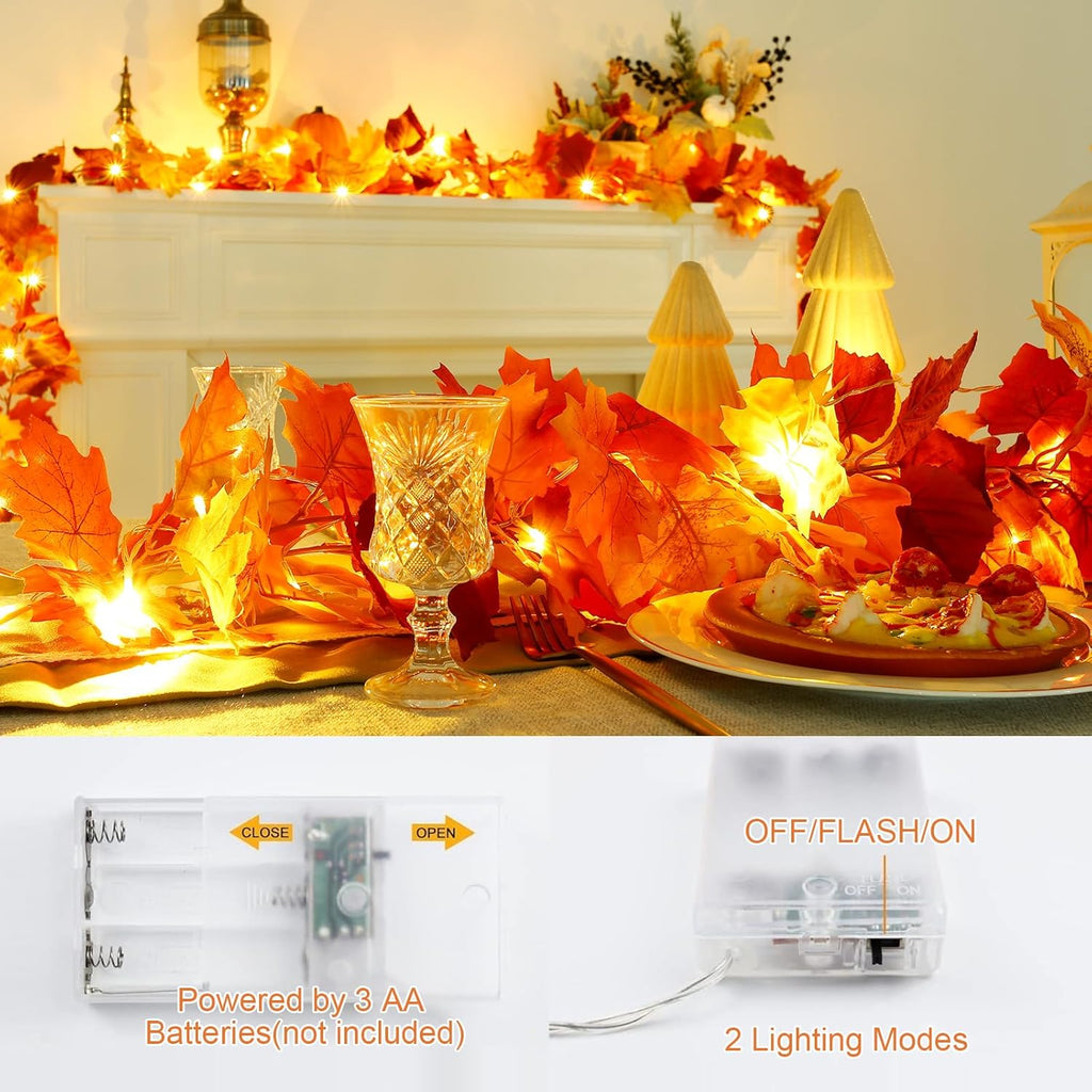 Joyhalo 6 Pack Fall Garland with Lights, Fall Leaves for Mantle, Outdoor Lighted Up Leaf Garland Autumn Decor with 6.5FT LED String Lights, Hanging Maple Leaves for Door, Thanksgiving Decor