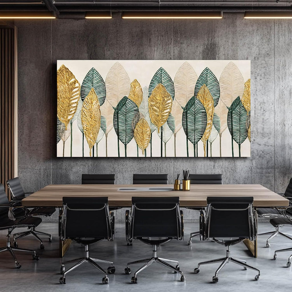 CHUDANHAO Green Canvas Artwork Gold Leaves Painting Beige Art Modern Wall Decor for Office Living Room Neutral Wall Art 29"x58" Print Photos
