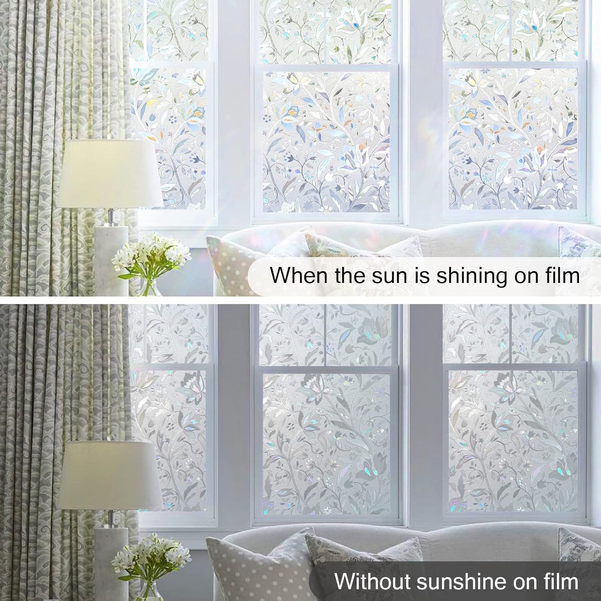 DOWELL Window Privacy Film, 3D Stained Glass Rainbow Films, Decorative Window Vinyl Sun Blocker Door Covering, Static Cling Non-Adhesive Glass Sticker for Home, Blooming Flowers, 35.4"x118"