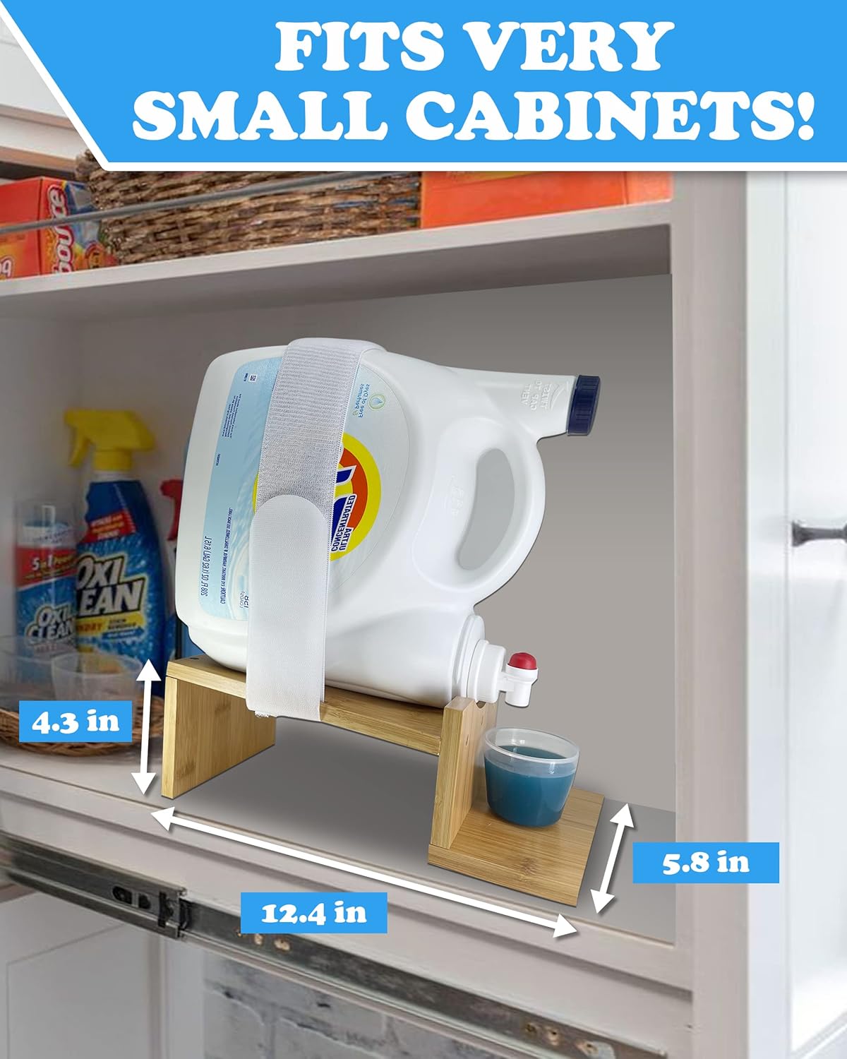TidyFriend Laundry Detergent Dispenser with Tray & Strap, Laundry Soap Dispenser with Non-Slip Rubber Feet for Washing Room Organization, Easy Pour (Wood)