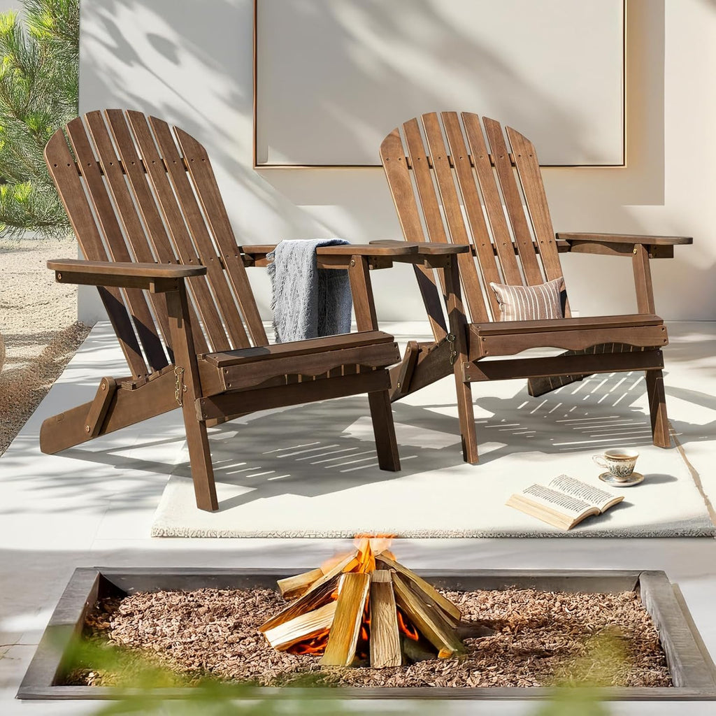 IDZO Outdoor Wooden Folding Adirondack Chair Set of 2 with Pre-Assembled BackRest, Wood Patio Chair for Garden Backyard Porch Pool Deck Firepit