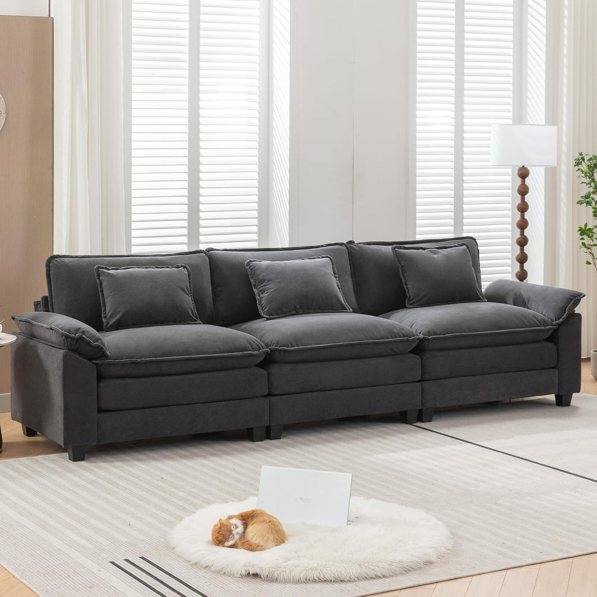 URRED Modular Sectional Sofa Comfy Cloud Couch, Modern Velvet Sofa Sleeper Deep Seat Couches with Ottoman/Pillows for Living Room (Dark Gray, 117'')