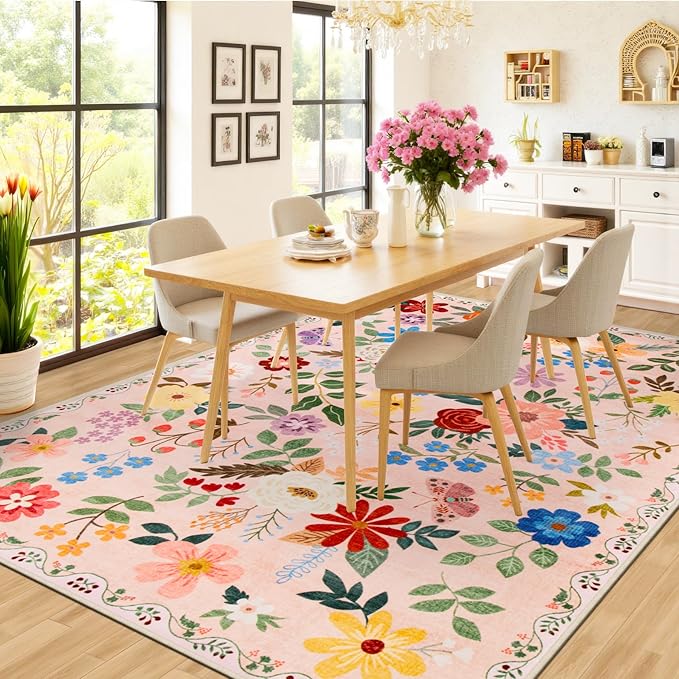 PLHXFR Area Rug 10x12 Living Room: Floral Washable Boho Soft Carpet Beige | - Image 4