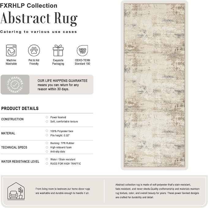 2.6x10 Washable Runner Rug:Modern Abstract Soft Carpet Beige Brown | - Image 2