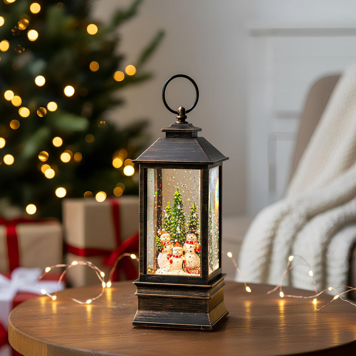 10'' Musical Snow Globe Lantern Lighted Snowman Family Water Lantern Swirling Glittering Home Decoration and Gift, Battery Operated or USB Powered