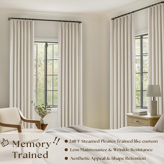 Cream Beige Linen Blackout Curtains Pinch Pleated 102 Inches Long | Memory Shape - Image 2