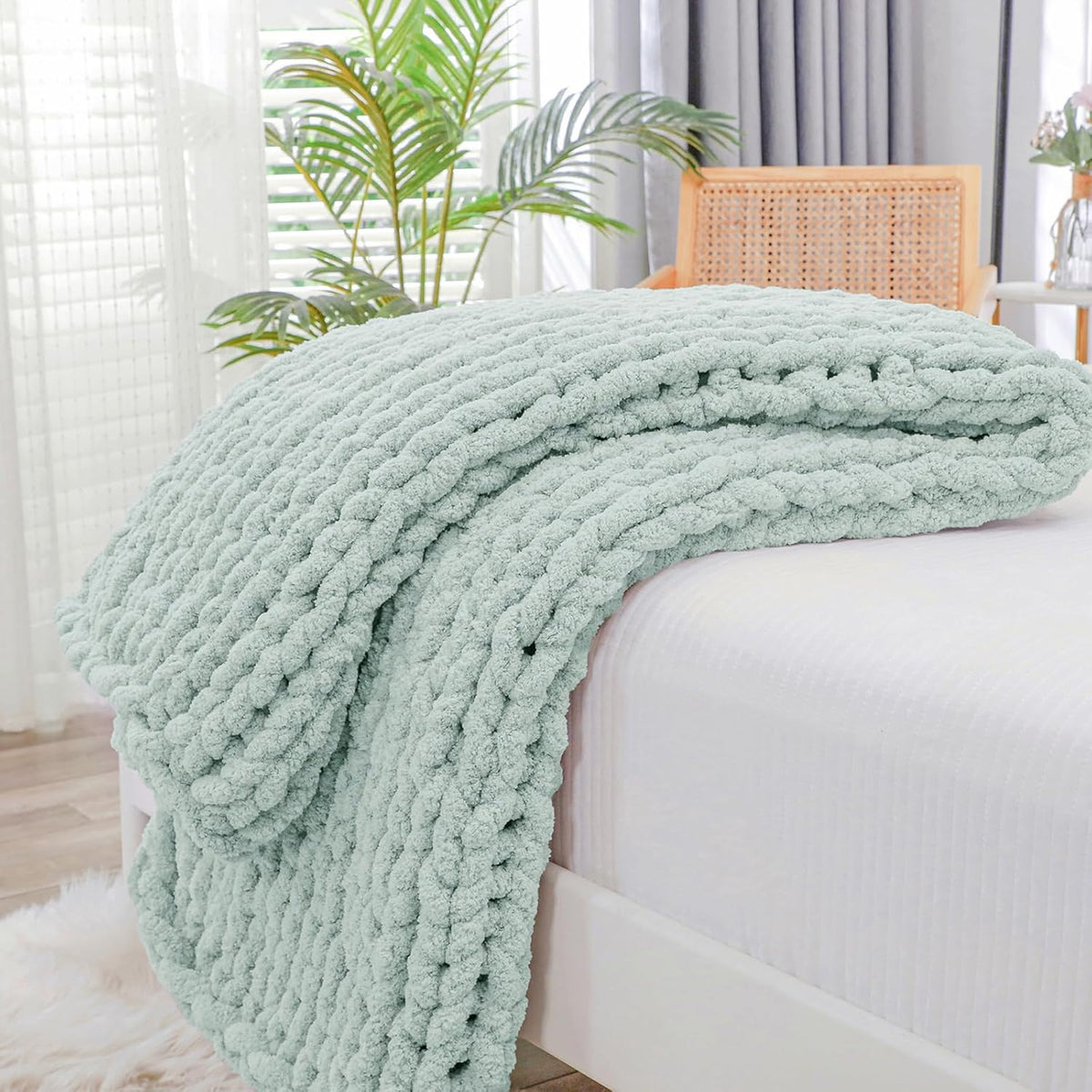Bigacogo Chunky Knit Throw Blanket for Couch, 40x40 inches, 100% Hand Knitted with Thick Jumbo Chenille Yarn, Cozy Soft Large Rope Knot Cable Crochet Blankets for Sofa Bed Living Room, Mint