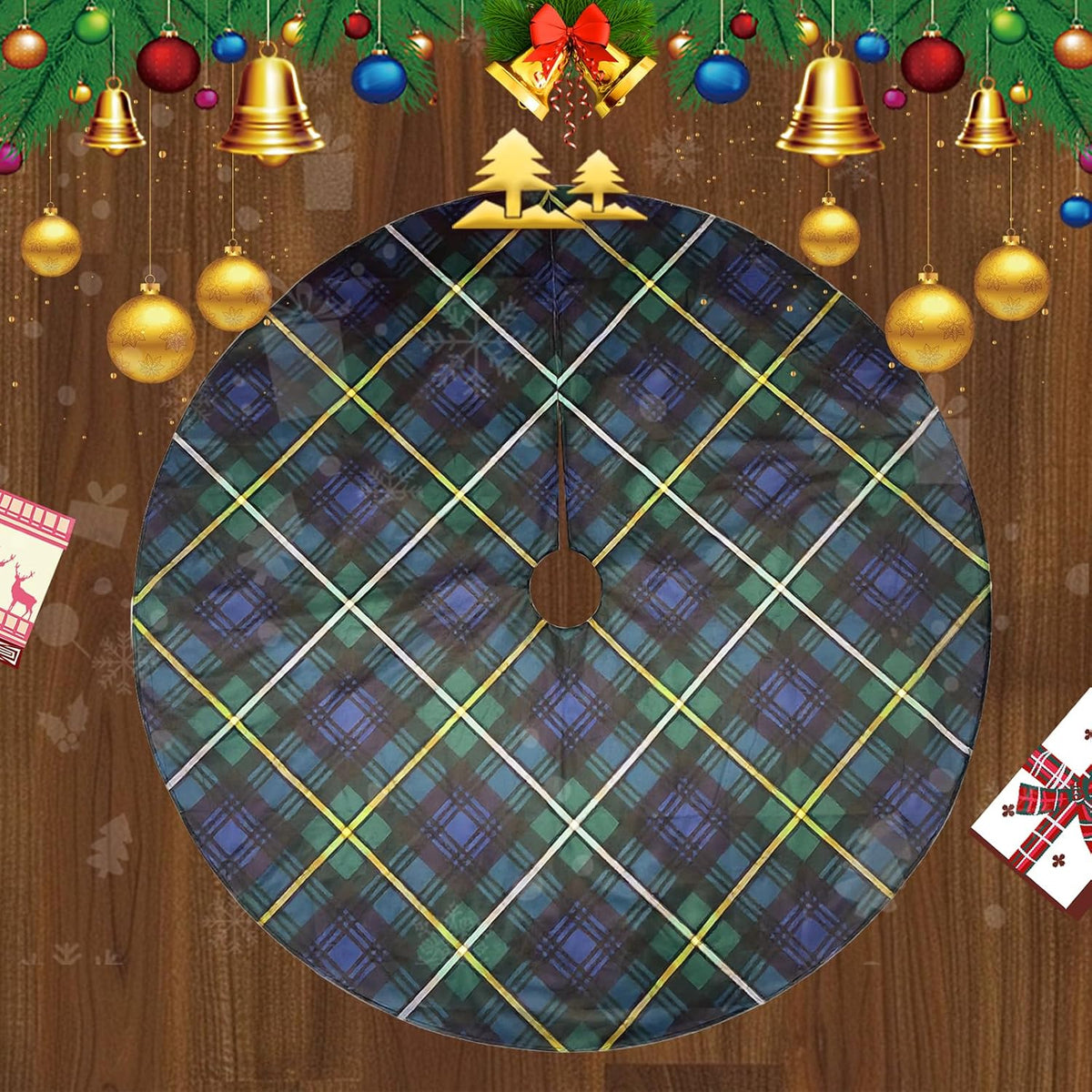 Christmas Tree Skirt 36 Inch – Campbell Clan Tartan Navy Blue and Green Plaid Tree mat for 4–6 FT Xmas Trees, Classic Scottish Holiday Decor for Farmhouse, Home, Office, Indoor or Outdoor