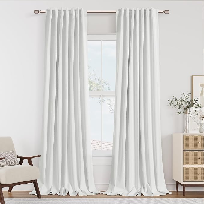 White 100% Blackout Linen Curtains 52 Inch Wide by 116 Inch by Guken