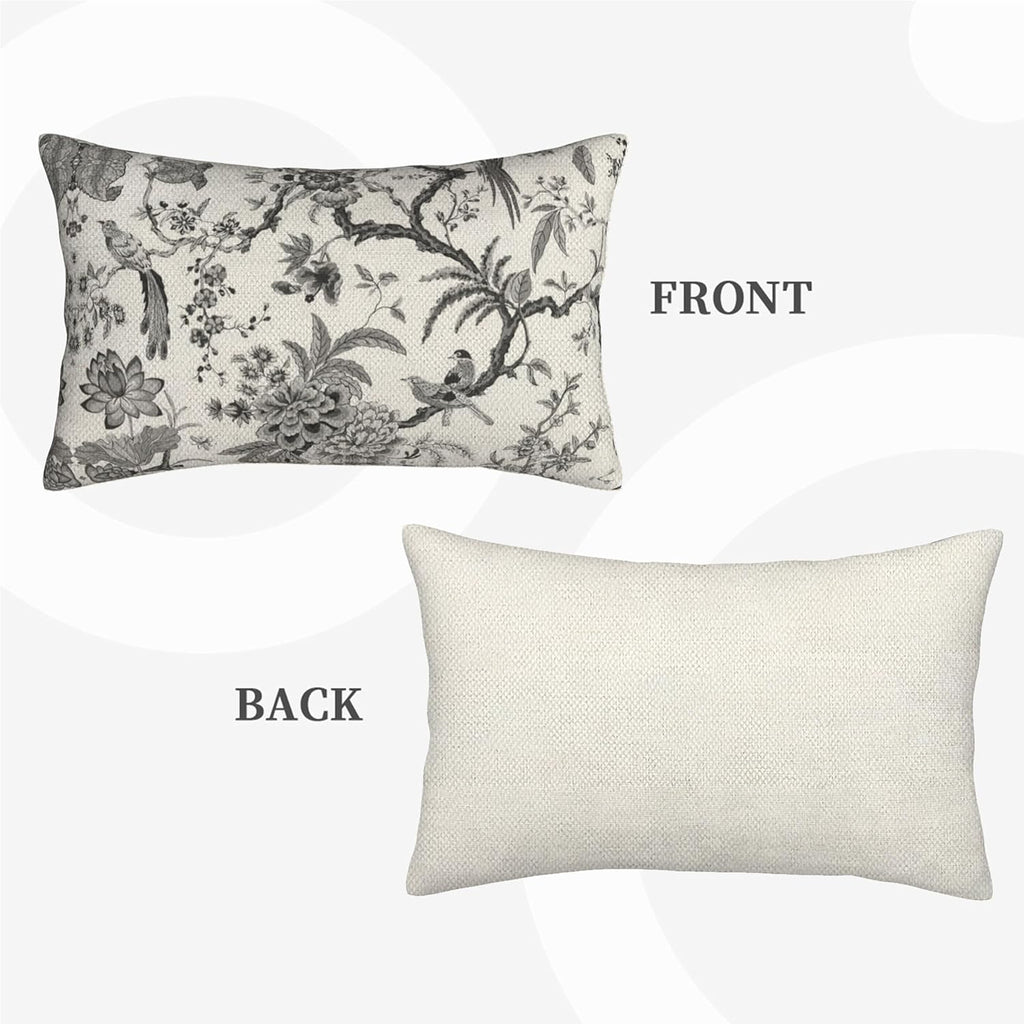 CXMEIFLY Spring Floral Birds Pillow Covers 12 x 20 Inch Set of 2 for Chinoiserie Flowers Decor Throw Pillows Black and White Plant Outdoor Decorative Cushion Cases for Couch Bed Decorations