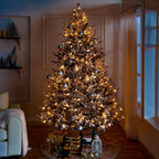 Naomi Home Ginebra 7.5ft Snow Flocked Christmas Tree Prelit with 3266 Branch Tips, 650 Warm Lights and Metal Stand, 59" Wide Realistic Snowy Frosted Christmas Tree with Lights