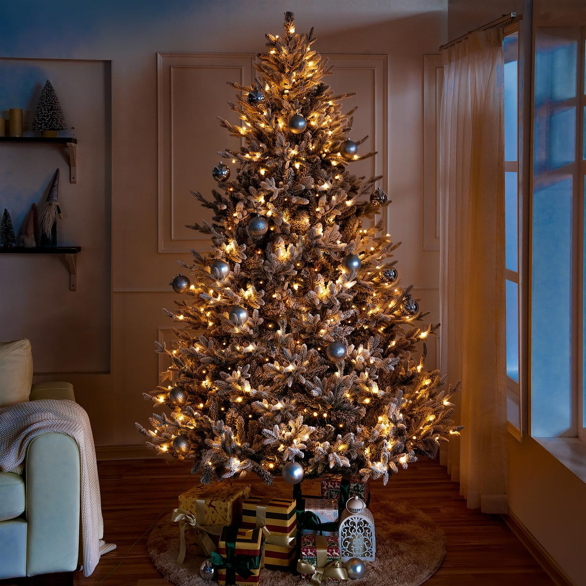 Naomi Home Ginebra 7.5ft Snow Flocked Christmas Tree Prelit with 3266 Branch Tips, 650 Warm Lights and Metal Stand, 59" Wide Realistic Snowy Frosted Christmas Tree with Lights